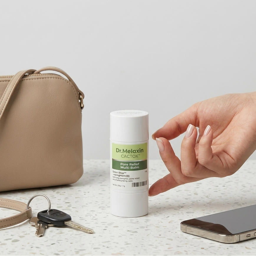 Dr. Melanin Calming Pore Relief Multi Balm on a surface with a hand, phone, and purse.