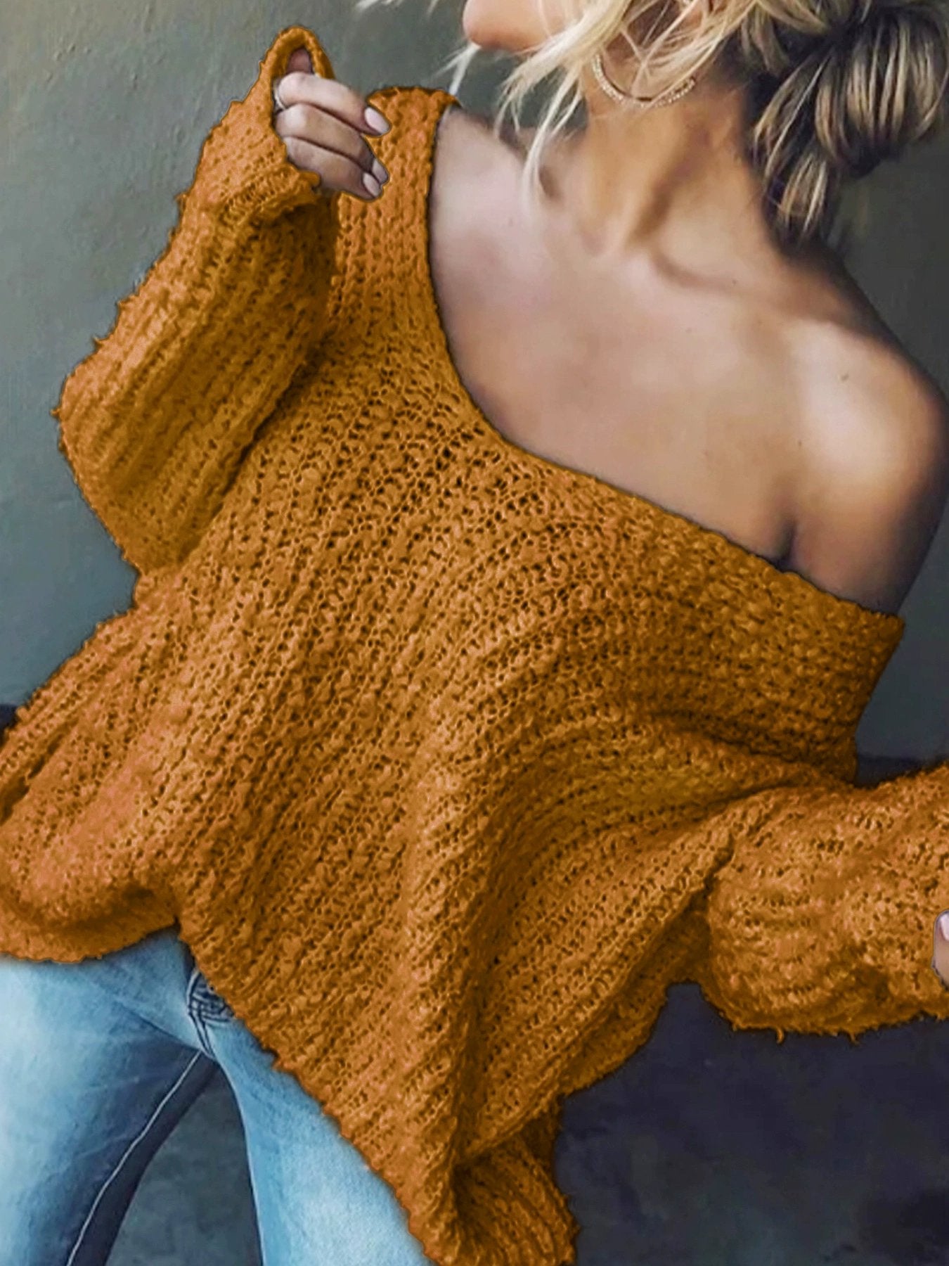 Adelasia Capraro™ Damski lekki sweter opadający na jedno ramię