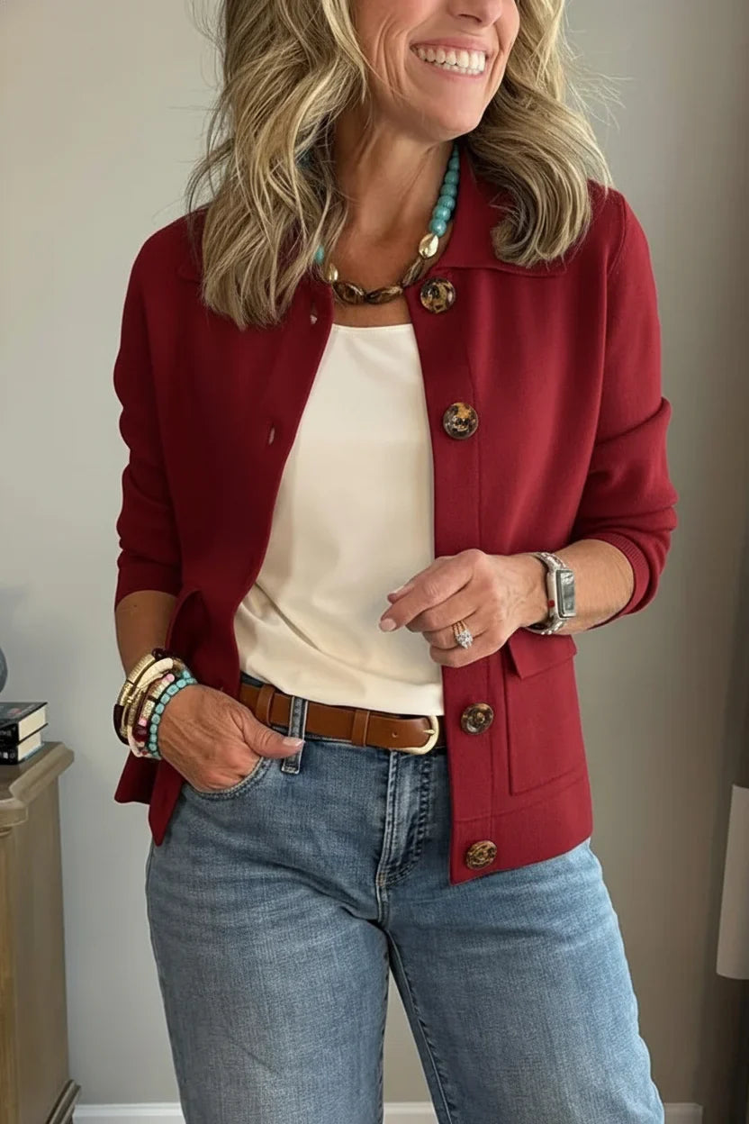 Alina Covelli™ Elegancki kardigan z kołnierzykiem zapinany na guziki