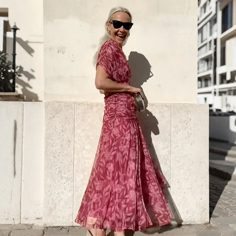 Enrichetta Bellori™ elegancka sukienka z odkrytymi ramionami w nadruk