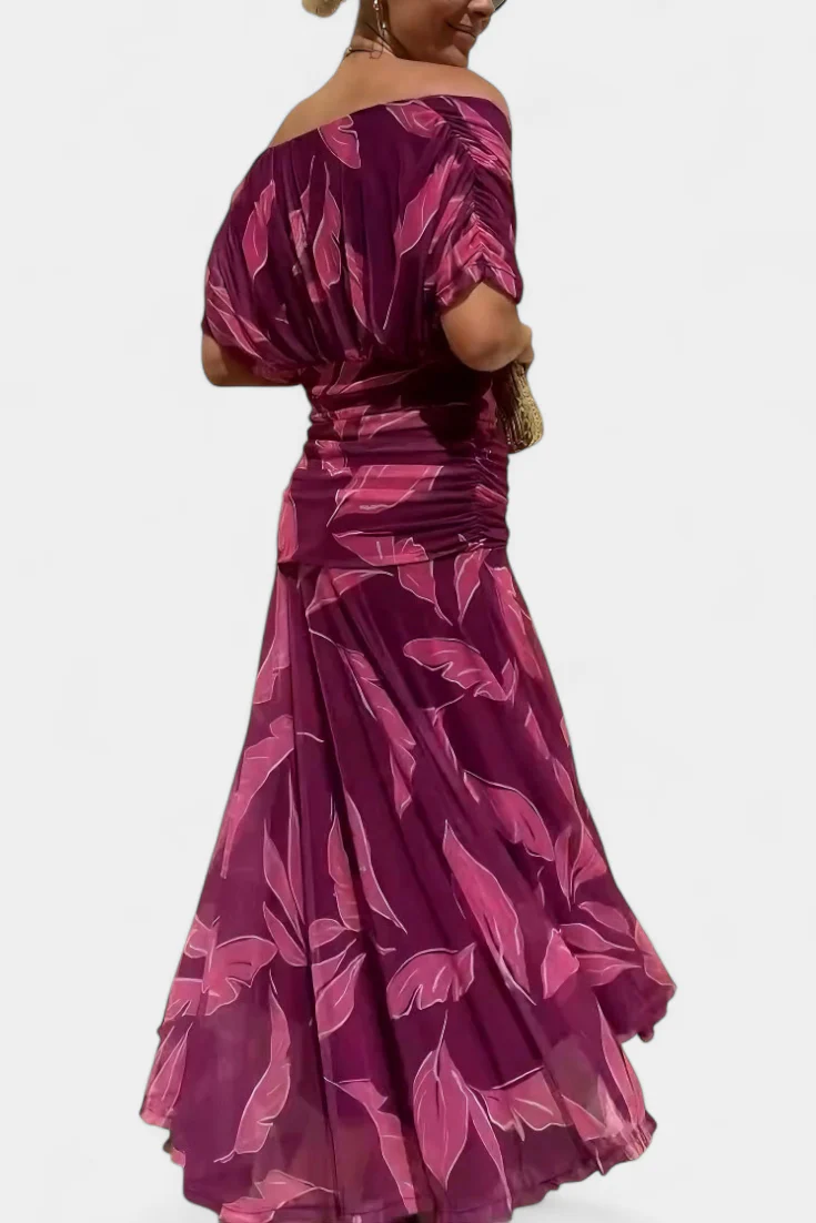 Gemma Beltrozi™ elegancka zwiewna sukienka maxi z marszczonym wzorem i odkrytymi ramionami