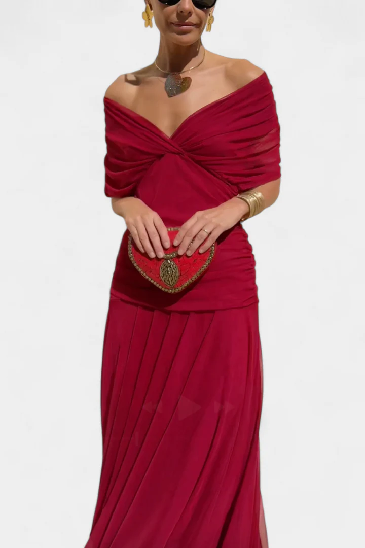 Gemma Beltrozi™ elegancka zwiewna sukienka maxi z marszczonym wzorem i odkrytymi ramionami