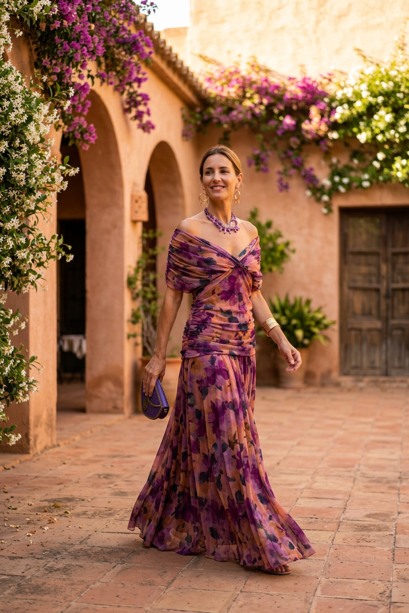 Gemma Beltrozi™ elegancka zwiewna sukienka maxi z marszczonym wzorem i odkrytymi ramionami