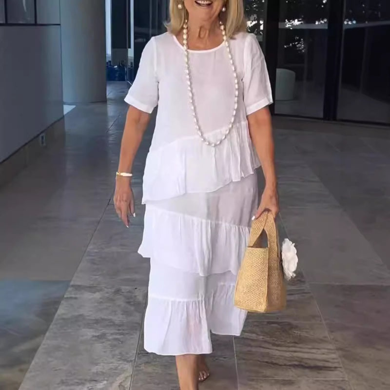 Nina Vecera™ Jednokolorowa sukienka midi z falbanami i okrągłym dekoltem