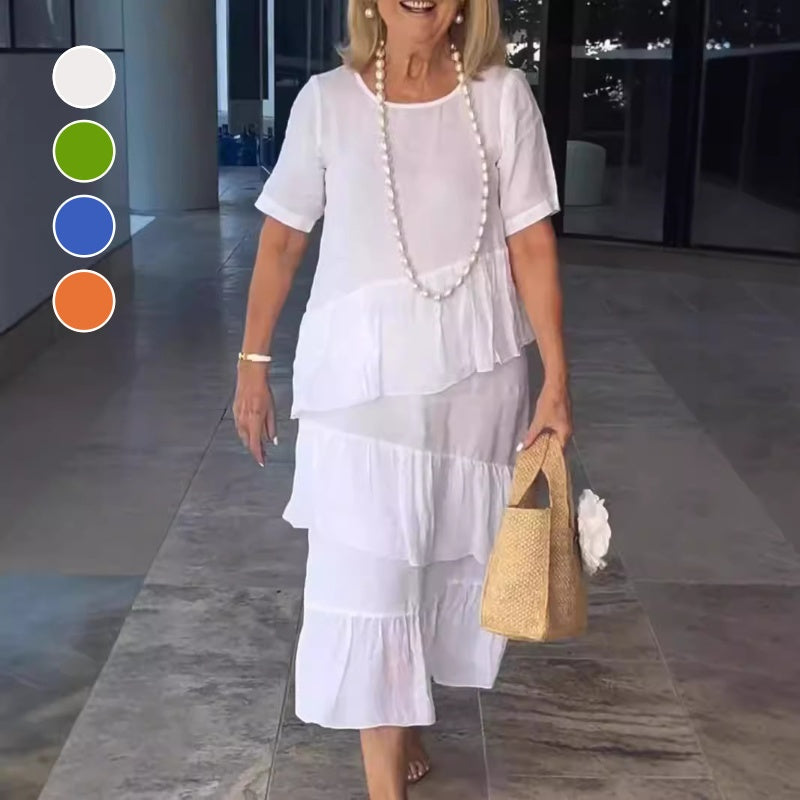 Nina Vecera™ Jednokolorowa sukienka midi z falbanami i okrągłym dekoltem
