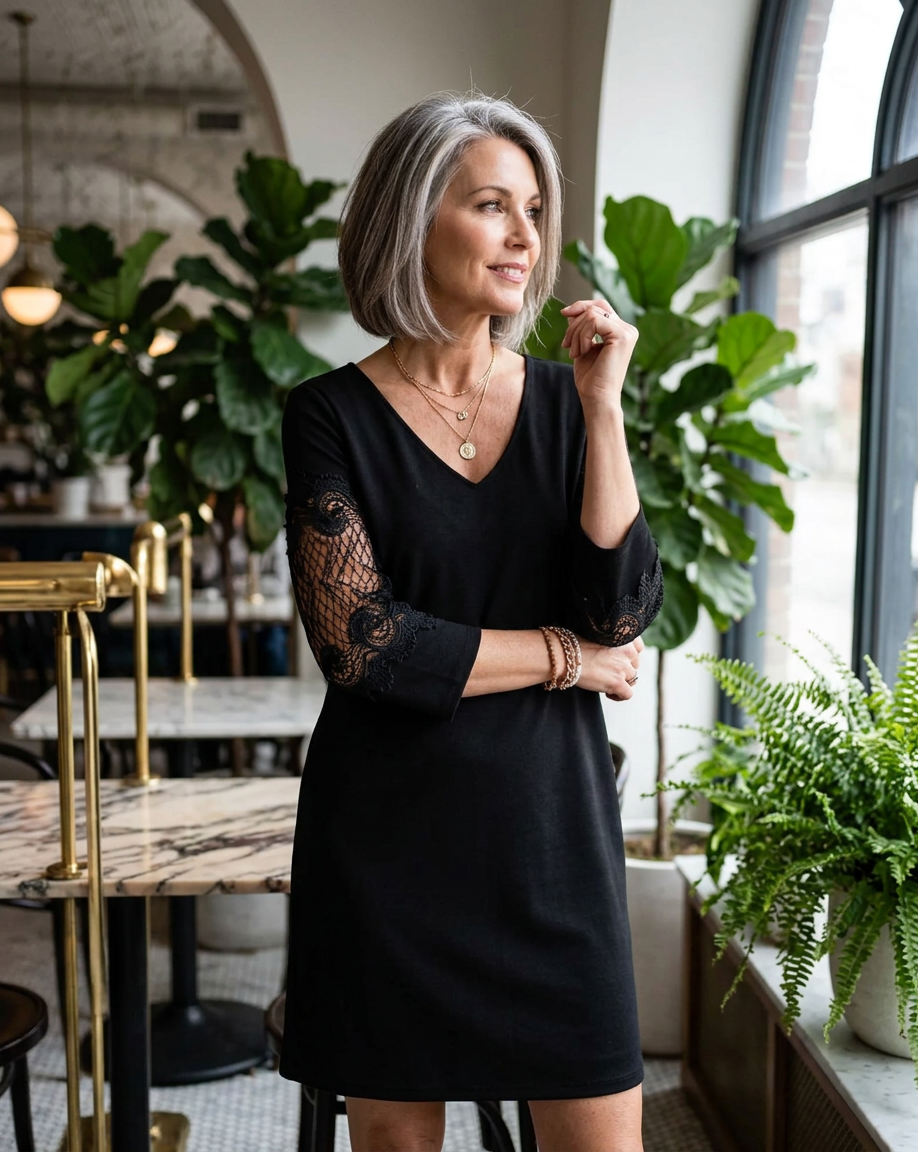 Adriana Acquaviva™ Elegancka sukienka z koronkowymi długimi rękawami
