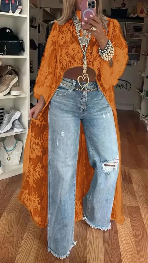 Adriana Morvetti Feminine Lace High-Low Top - content image showing size and fit reference on model