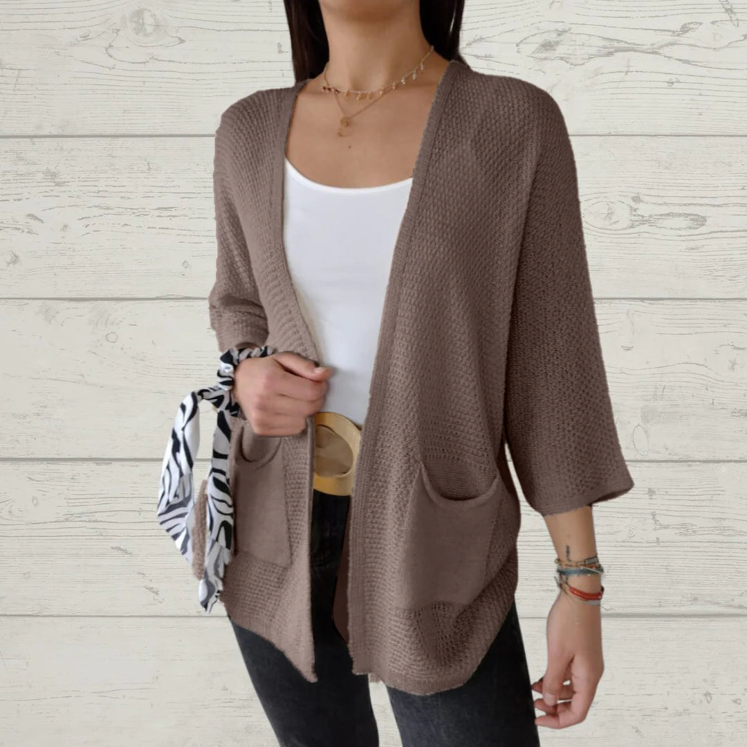 Alessia Thread 3/4 Sleeve Cardigan with Pockets - front main product view
