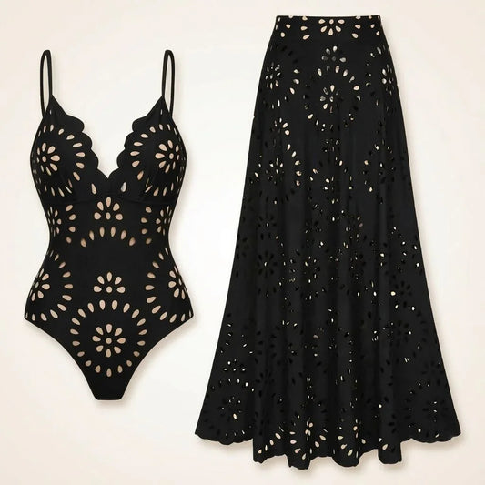 Azzurra Floral Eyelet Cutout One-Piece Swimsuit with Matching Maxi Skirt Set - front hero view