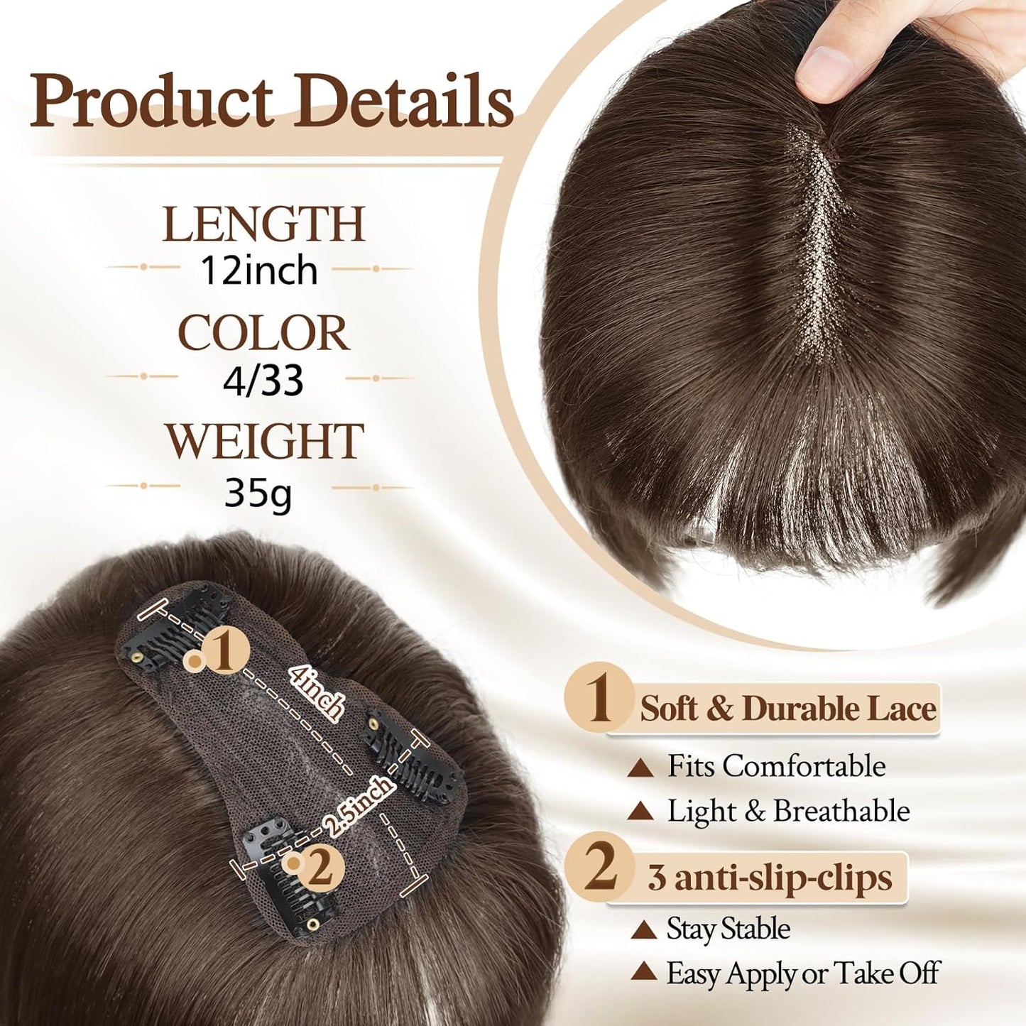 BangPro Realistic Bangs Hair Topper - showing attachment clips and base construction detail