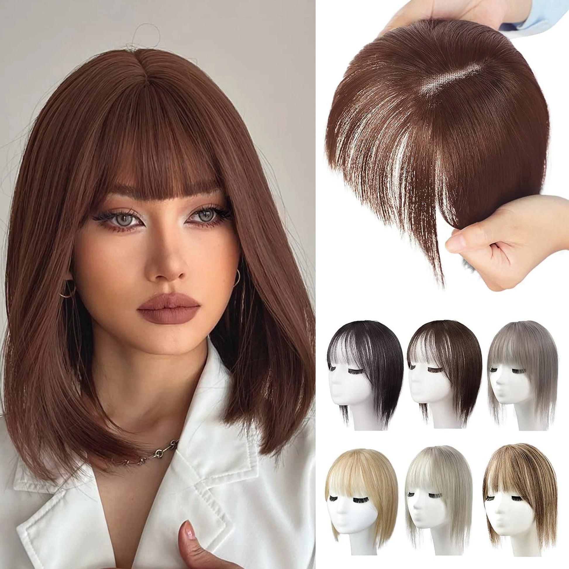 BangPro Realistic Bangs Hair Topper - closeup of bangs fringe detail showing natural hair fibers