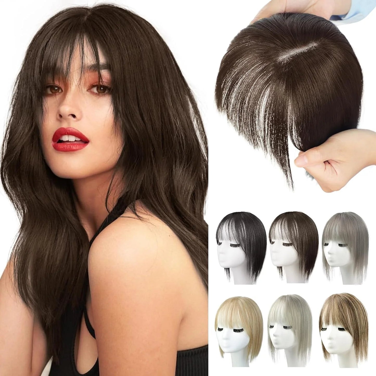 BangPro Realistic Bangs Hair Topper - natural bangs topper on woman showing seamless blend