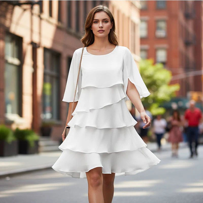 Beatrice Ruffolini Elegant Ruffle Sleeve Dress - lower skirt and hem detail view