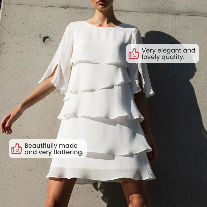 Beatrice Ruffolini Elegant Ruffle Sleeve Dress - lifestyle shot of women's ruffle dress