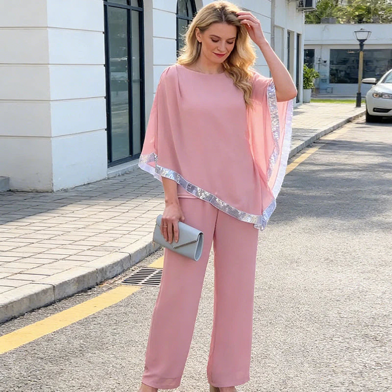Bianca Marchetti Elegant Sequin Trim Poncho Top & Wide-Leg Pants Set - full outfit view