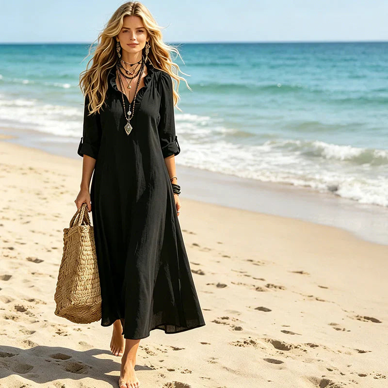 Bianca Bohemian Maxi Dress with Ruffles and V-Neck - main front view of the flowy maxi dress