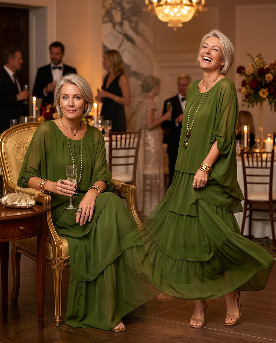 Camilla Agnelli™ Elegancka szyfonowa sukienka na wyjścia o warstwowym kroju