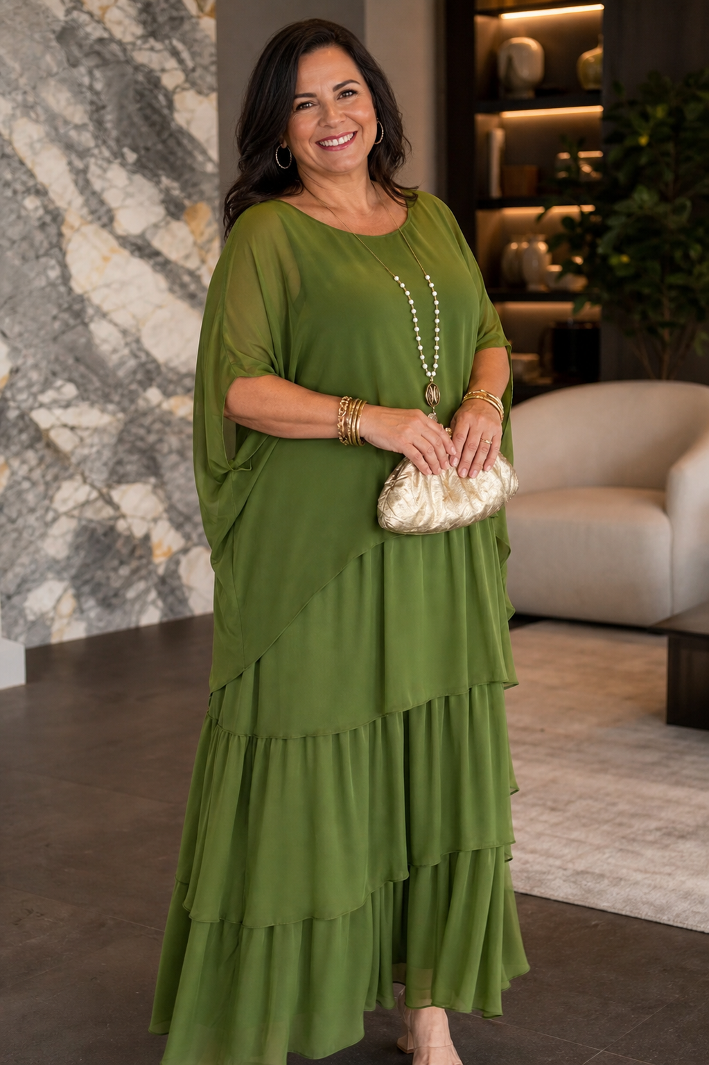 Camilla Agnelli™ Elegancka szyfonowa sukienka na wyjścia o warstwowym kroju