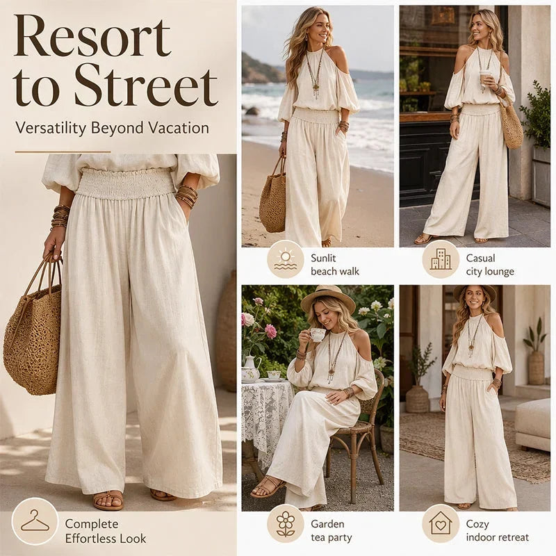 Candida Bartolomei™ Komplet damski z bluzką cold shoulder halter na lato bez wysiłku