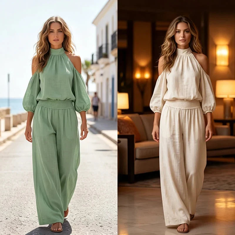 Candida Bartolomei™ Komplet damski z bluzką cold shoulder halter na lato bez wysiłku