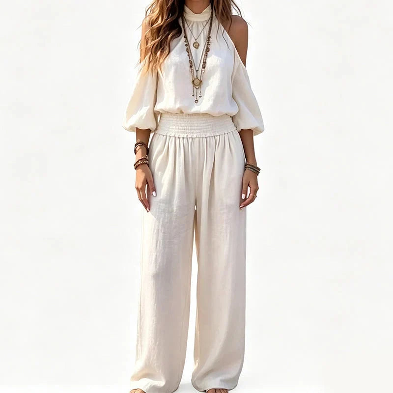 Candida Bartolomei™ Komplet damski z bluzką cold shoulder halter na lato bez wysiłku