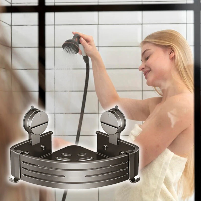 CornerHold Minimalist Corner Shelf - triangular suction cup shelf installed in bathroom corner