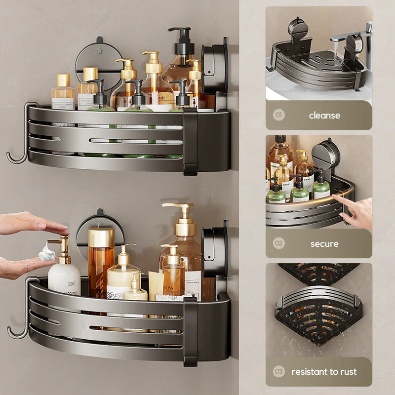 CornerHold Minimalist Corner Shelf - top-down view of triangular shelf surface and suction mounts