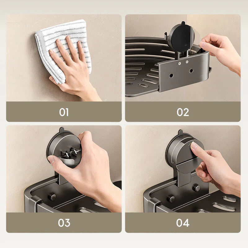 CornerHold Minimalist Corner Shelf - close-up of suction cup mechanism securing shelf to tile