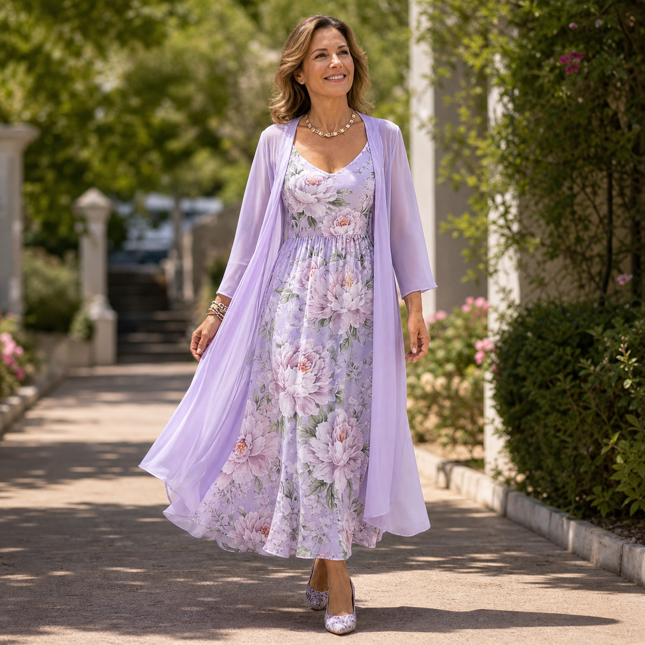 Fausta Rovatti™ Zwiewny komplet sukienka maxi w kwiaty z kardiganem