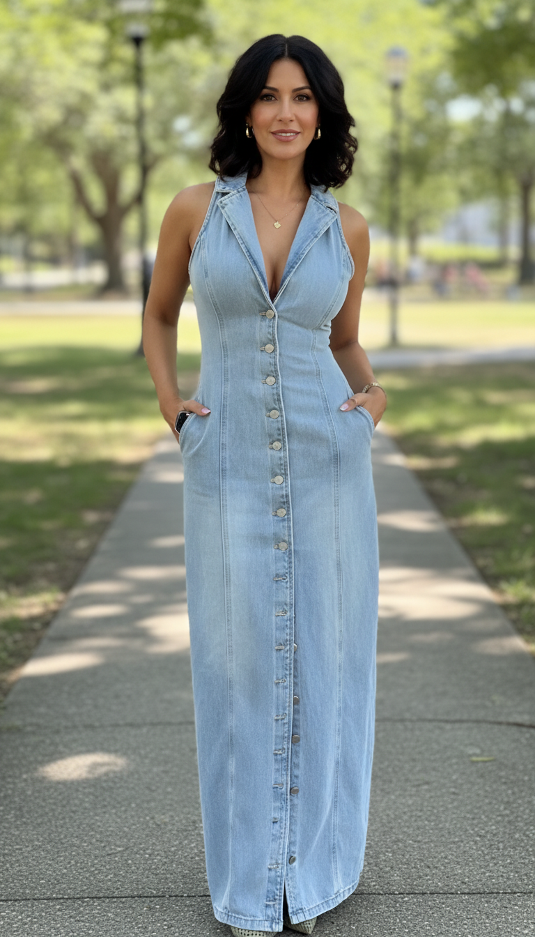 Felicia Stoppa™ Sukienka chambray maxi zapinana na guziki, bez rękawów