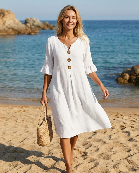 Francesca Zofia Light Linen Dress with Buttons - front main product view