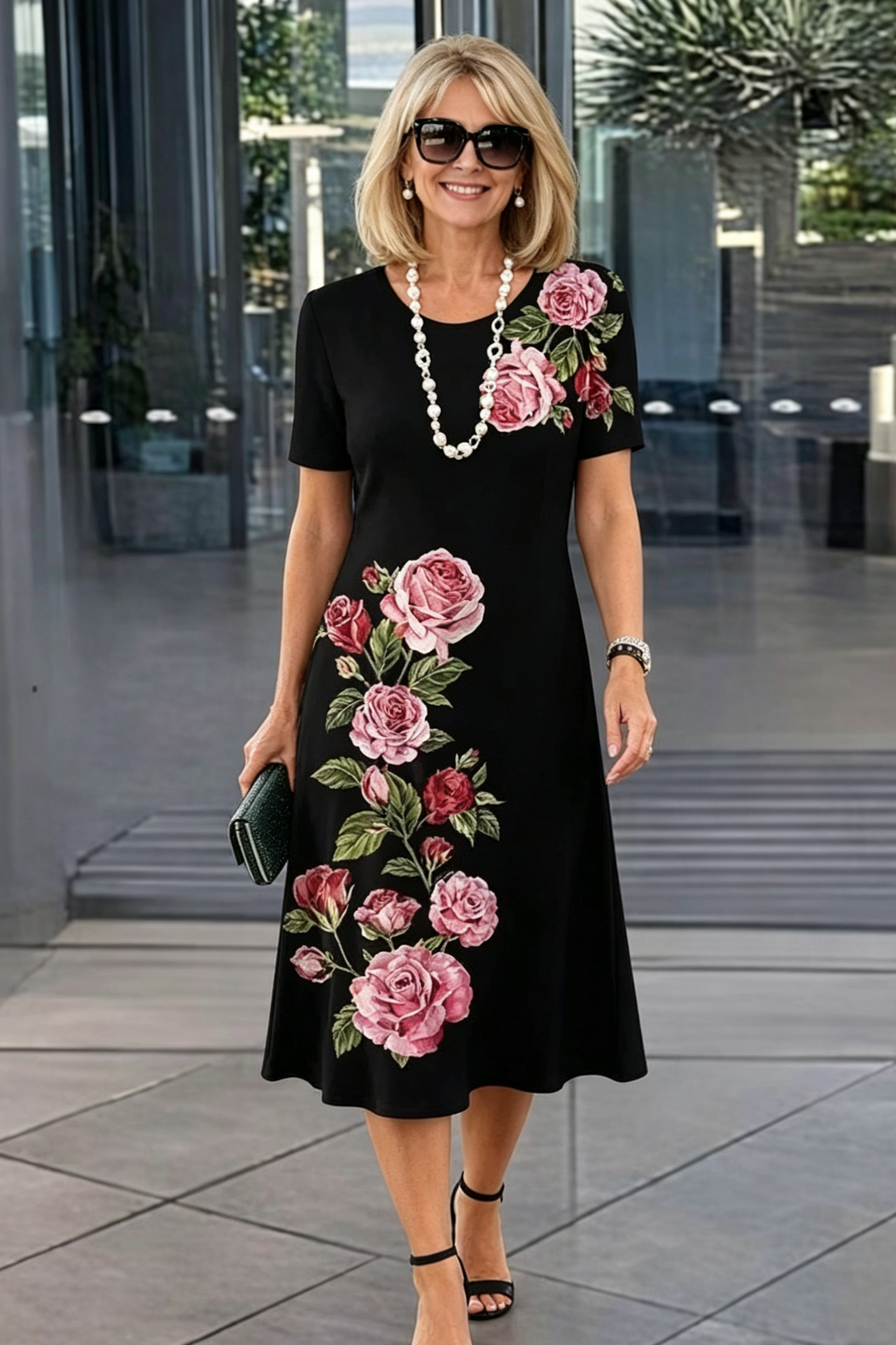 Gina Cappellari™ Swobodna sukienka damska z krótkim rękawem i wzorem