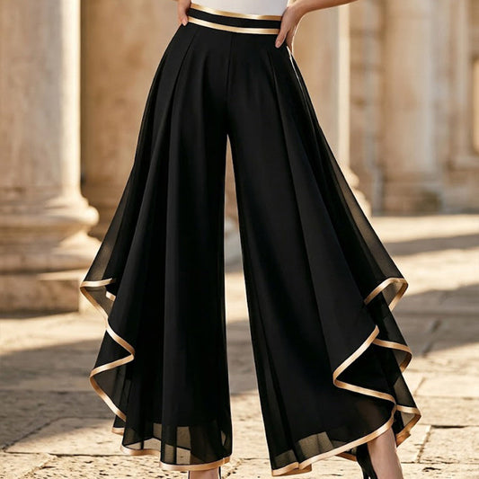 Graziella Aurozzi Stylish Gold-Trimmed Flowy Chiffon Trousers - front main product view