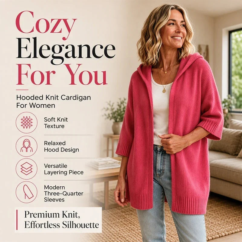 Larissa Bentivoglio Hooded Knit Cardigan - main front view of women's 3/4 sleeve hooded knit cardigan