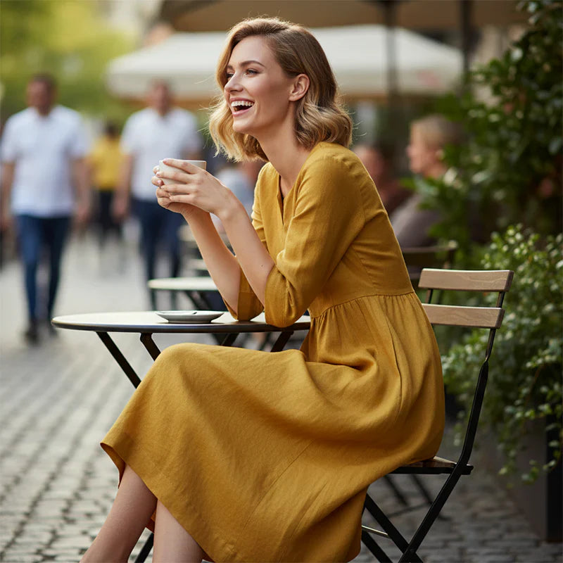 Lavinia Crescenzi™ elegancka sukienka z dekoltem w serek i kieszeniami