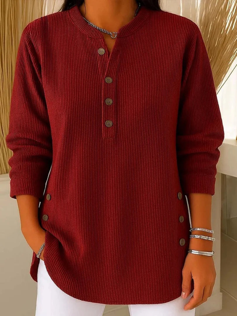 Marina Conforti Cozy Round Neck Sweatshirt - styled view of solid color long sleeve sweatshirt