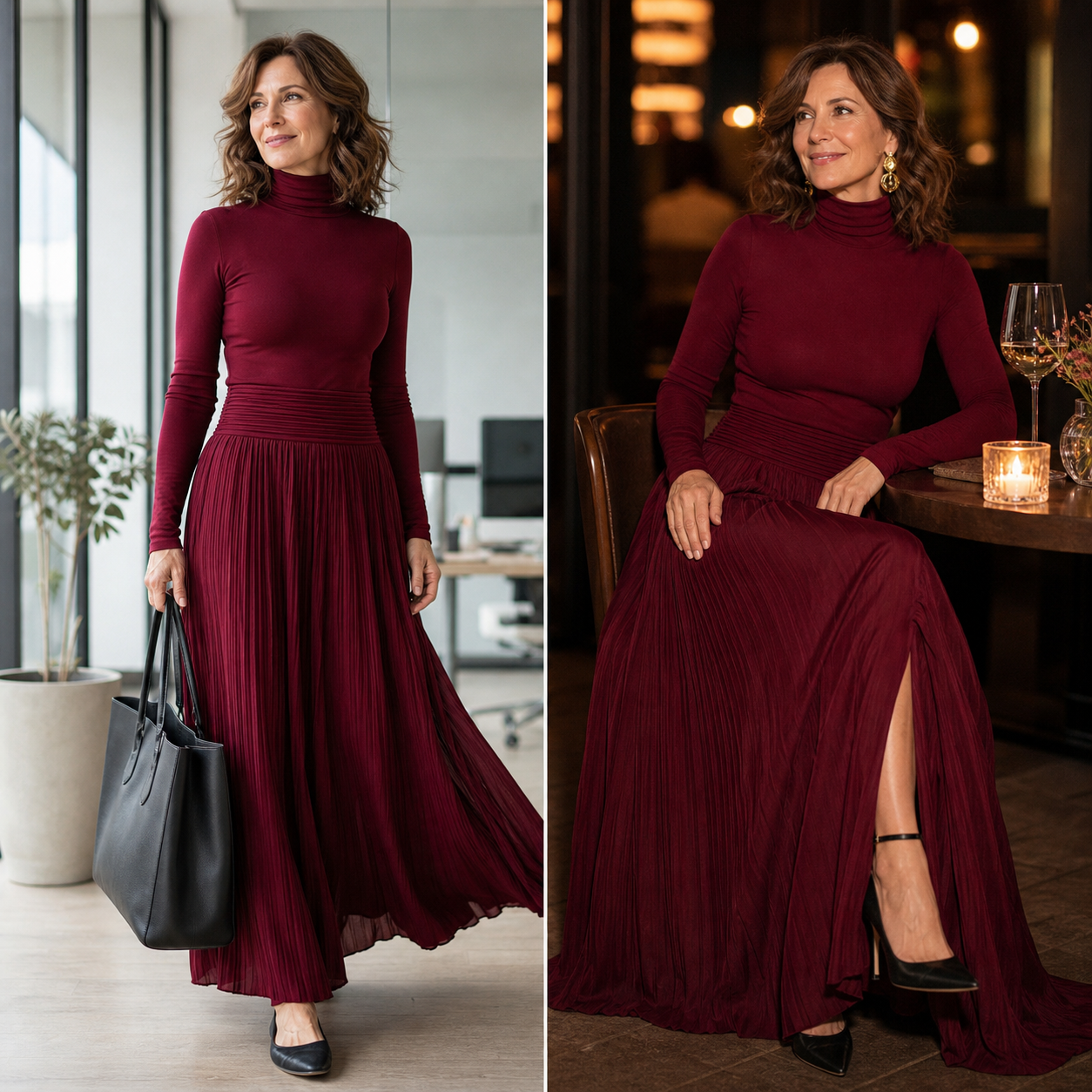 Natalia Berardi™ Zestaw dopasowany golf i plisowana elegancka spódnica maxi z wysokim stanem