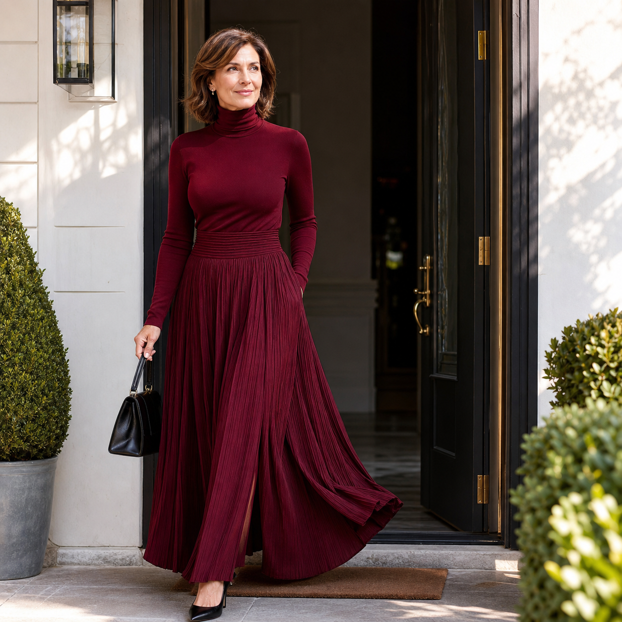 Natalia Berardi™ Zestaw dopasowany golf i plisowana elegancka spódnica maxi z wysokim stanem
