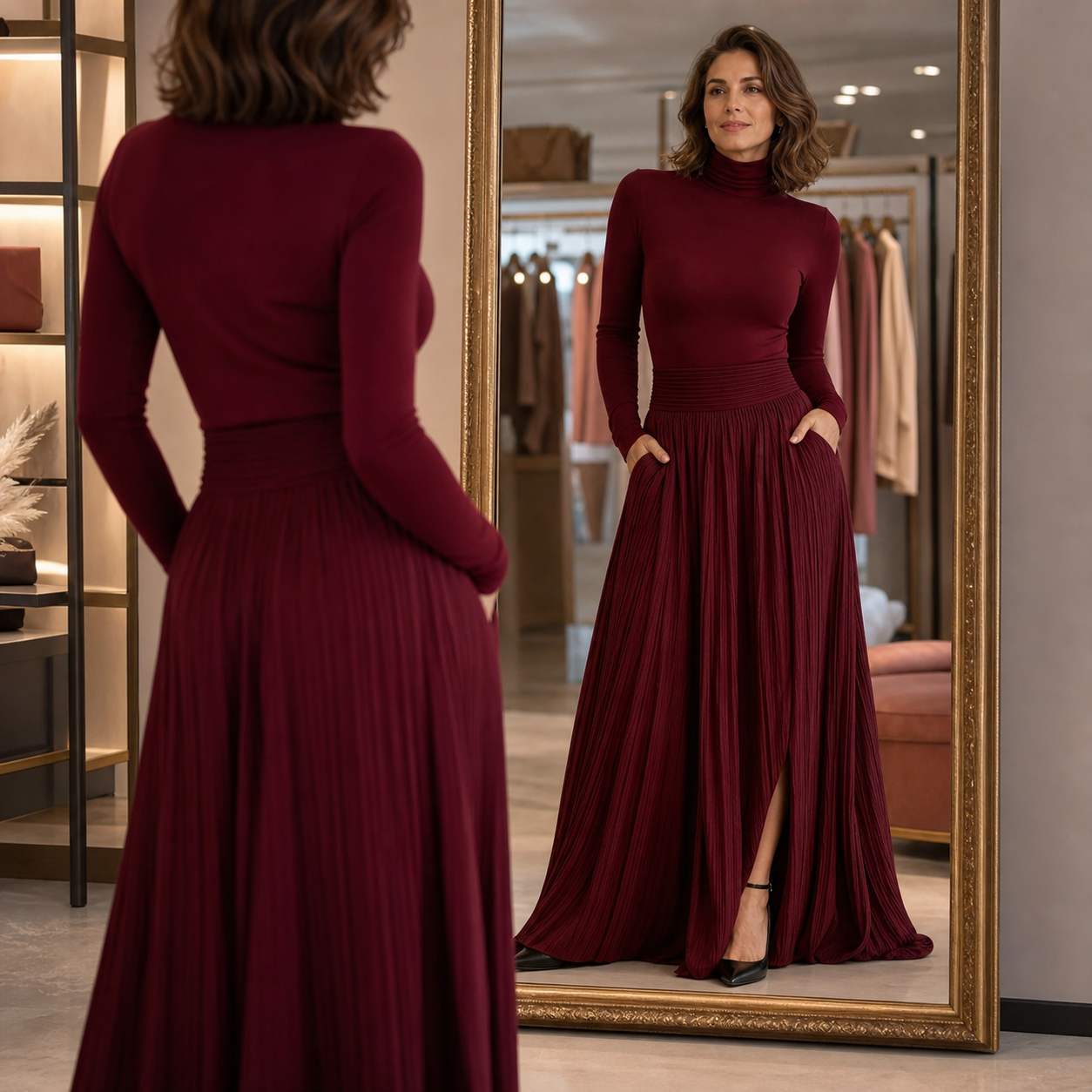 Natalia Berardi™ Zestaw dopasowany golf i plisowana elegancka spódnica maxi z wysokim stanem