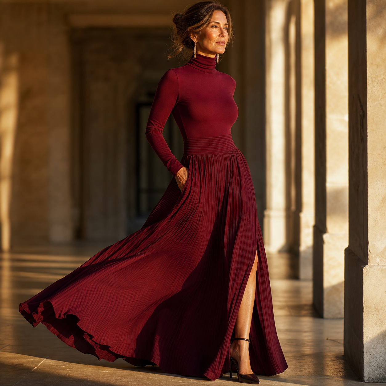 Natalia Berardi™ Zestaw dopasowany golf i plisowana elegancka spódnica maxi z wysokim stanem