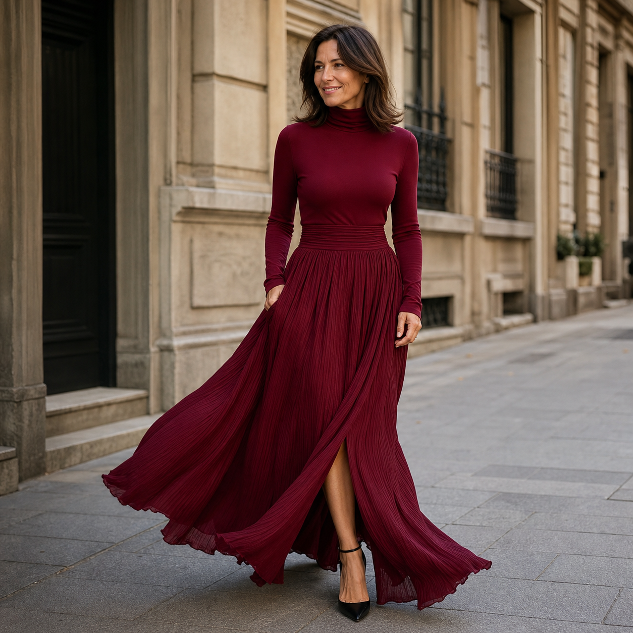 Natalia Berardi™ Zestaw dopasowany golf i plisowana elegancka spódnica maxi z wysokim stanem