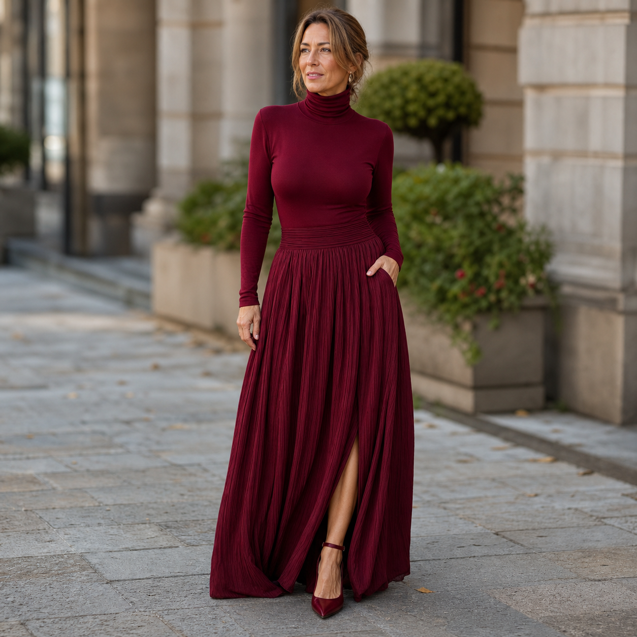 Natalia Berardi™ Zestaw dopasowany golf i plisowana elegancka spódnica maxi z wysokim stanem