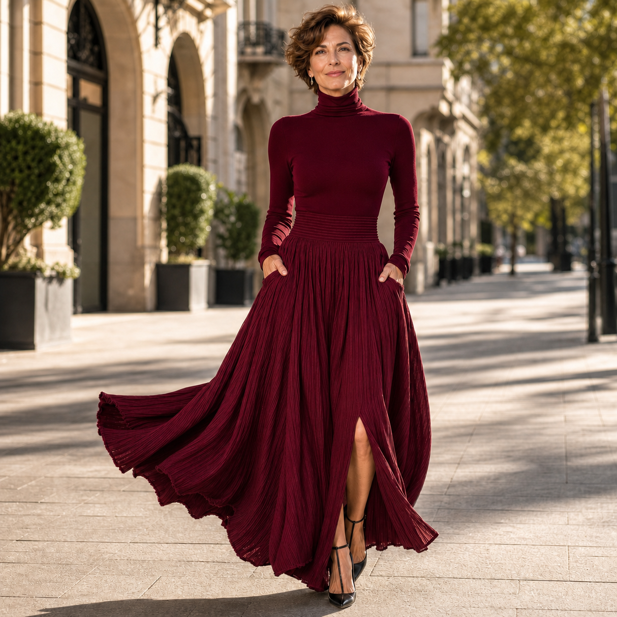 Natalia Berardi™ Zestaw dopasowany golf i plisowana elegancka spódnica maxi z wysokim stanem