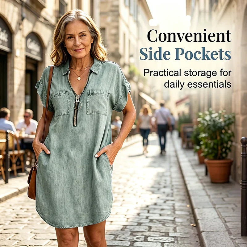 Ombretta Toscanelli Casual Denim Shirt Dress - main front view of loose lapel short sleeve zipper dress