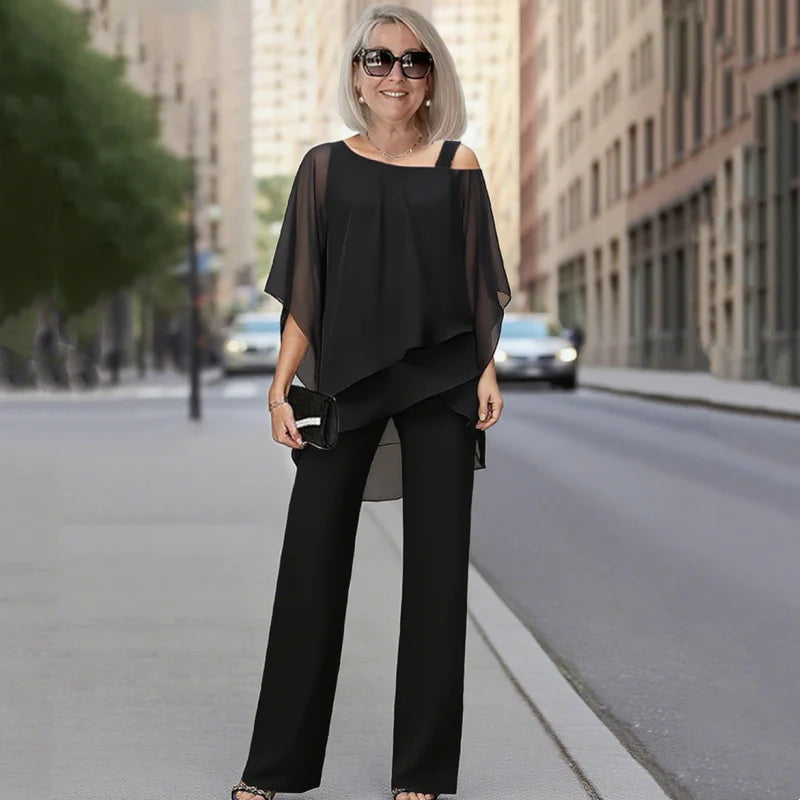 Palmira Women's Asymmetric Chiffon Top and Wide Leg Pants Two-Piece Set - gallery view 5