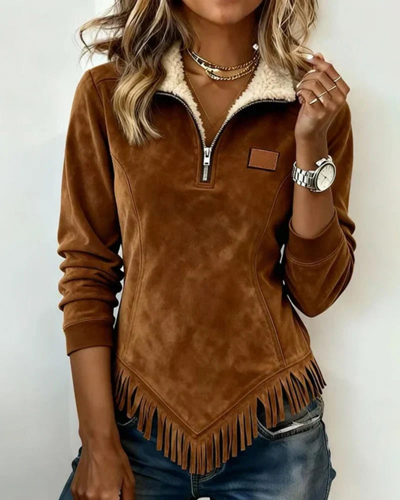 Sabina Half-Zip Fringe Sweatshirt - main front view of asymmetric design sweatshirt