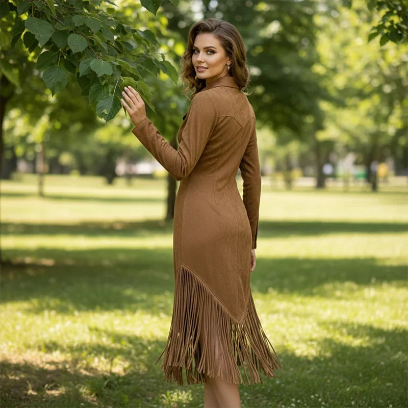 Sabrina Boldrini™ Retro sukienka midi z frędzlami dla kobiet z figurą