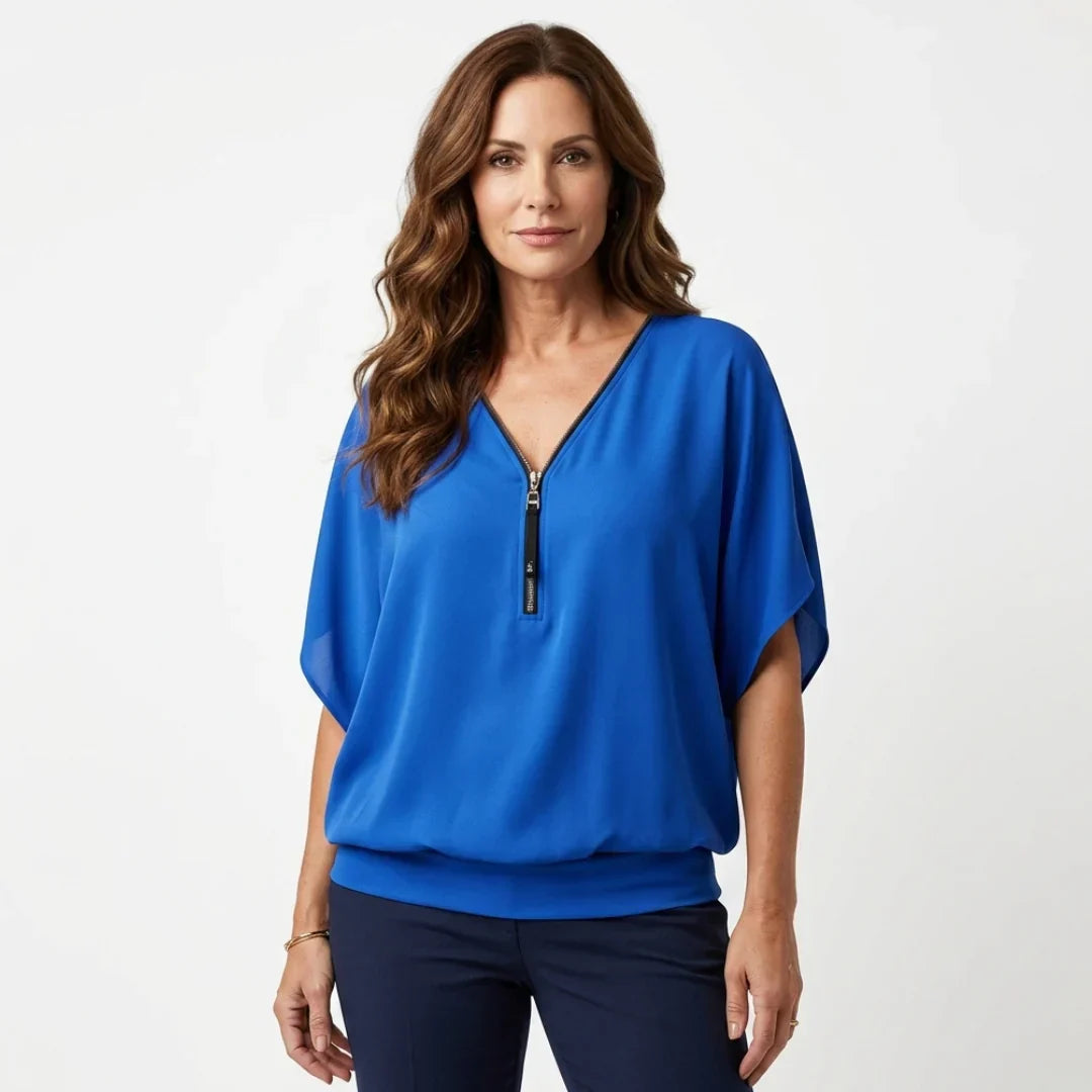 Sara Falivene Breathable Chiffon Top - main front view of women's casual chiffon top with neck zipper