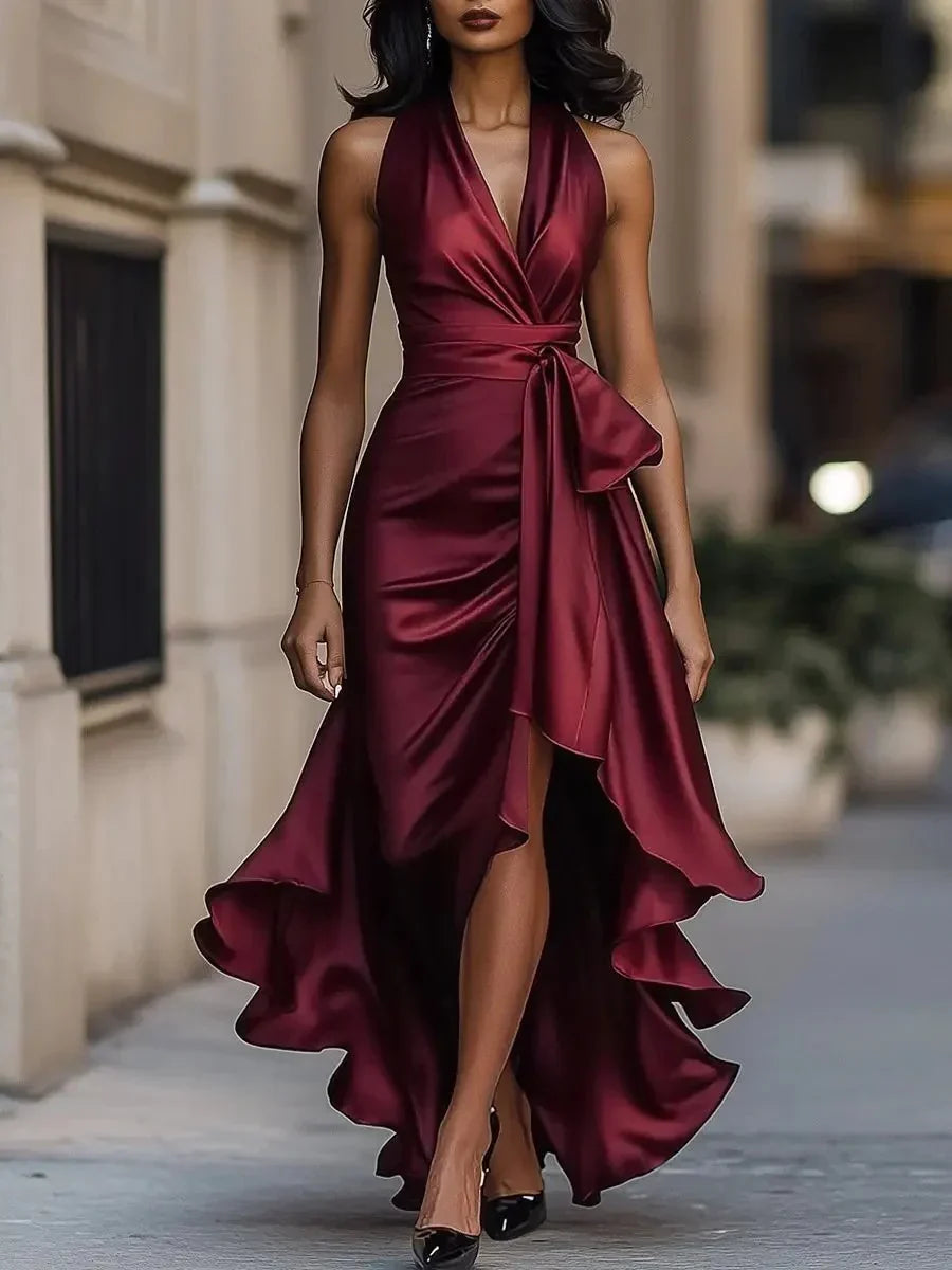 Tania Avellino™ Elegancka sukienka wieczorowa halter z dopasowaną talią