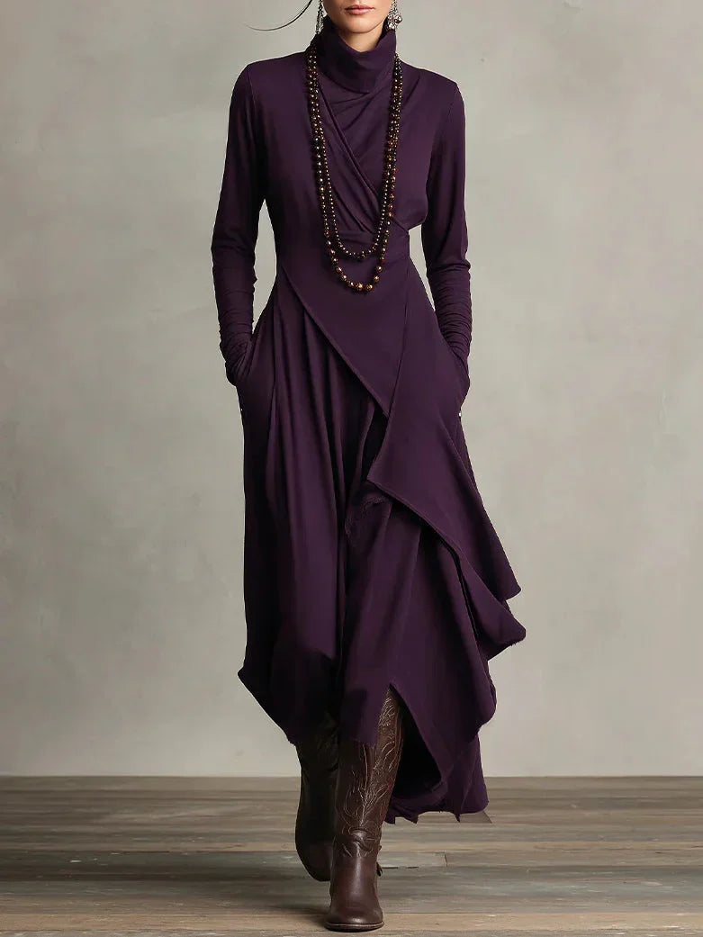 Teodora Vintage Asymmetrical Turtleneck Dress - main front product view
